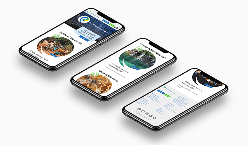 Three smartphones displaying a clean, modern website with environmental themes, including nature images and campaign information.