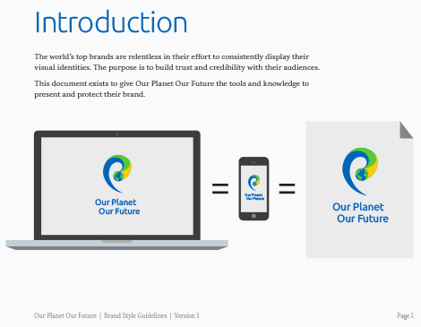 An introduction document explaining the company 'Our Planet Our Future,' featuring the logo on different devices like a laptop, smartphone, and paper. The logo is a stylized earth with blue, green, and yellow colors.