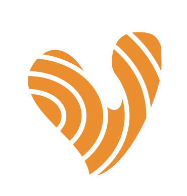 Stylized orange heart with white stripes on a white background.