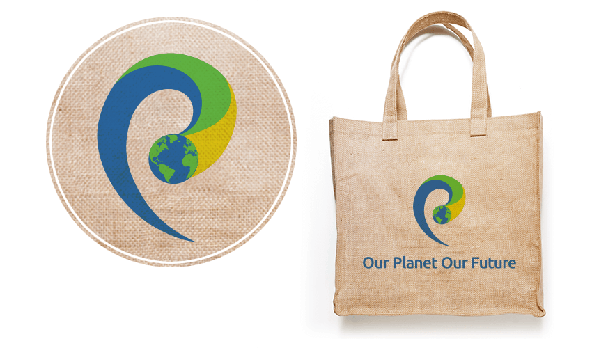 Logo featuring a stylized swirl with a globe at the bottom, in green, blue, and yellow, with the text "Our Planet Our Future" on a reusable tote bag.