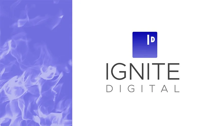 IGNITE DIGITAL logo with a blue Adobe InDesign icon and a purple flame background.