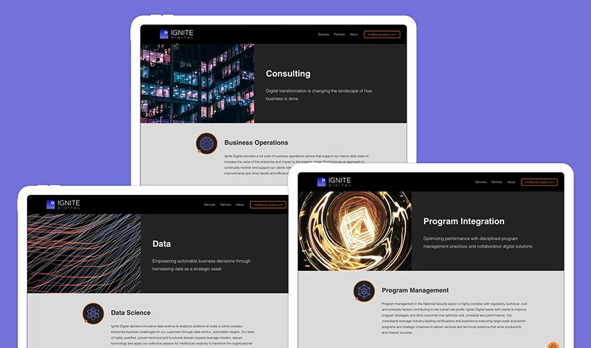 Screenshots of a website called Ignite Digital showing pages about consulting, data, and program management with images of digital patterns and a cityscape.