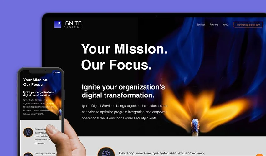 A computer screen and smartphone showing the Ignite Digital website with the slogan 'Your Mission. Our Focus.' and information about digital transformation services.
