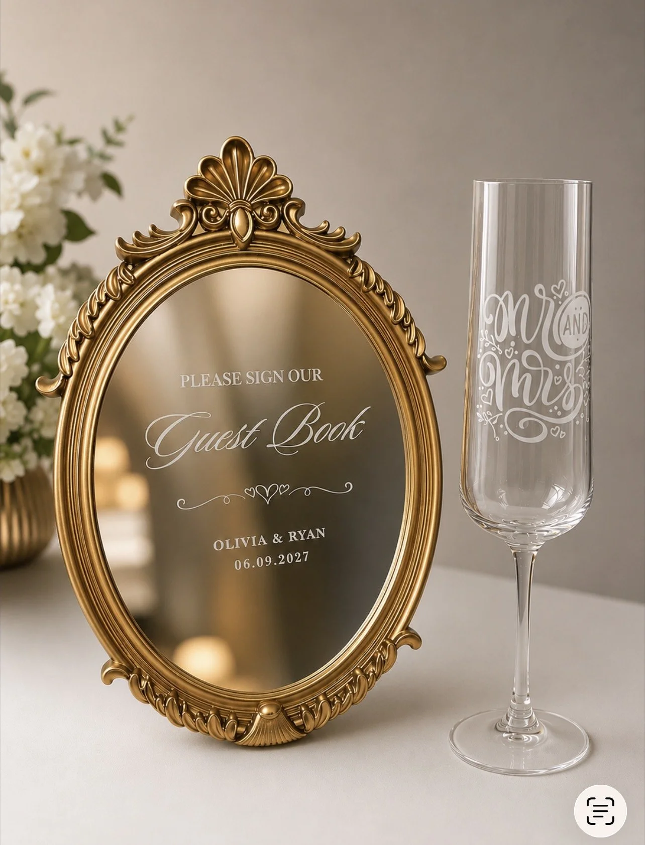 Custom wedding day glassware and guest book mirror.