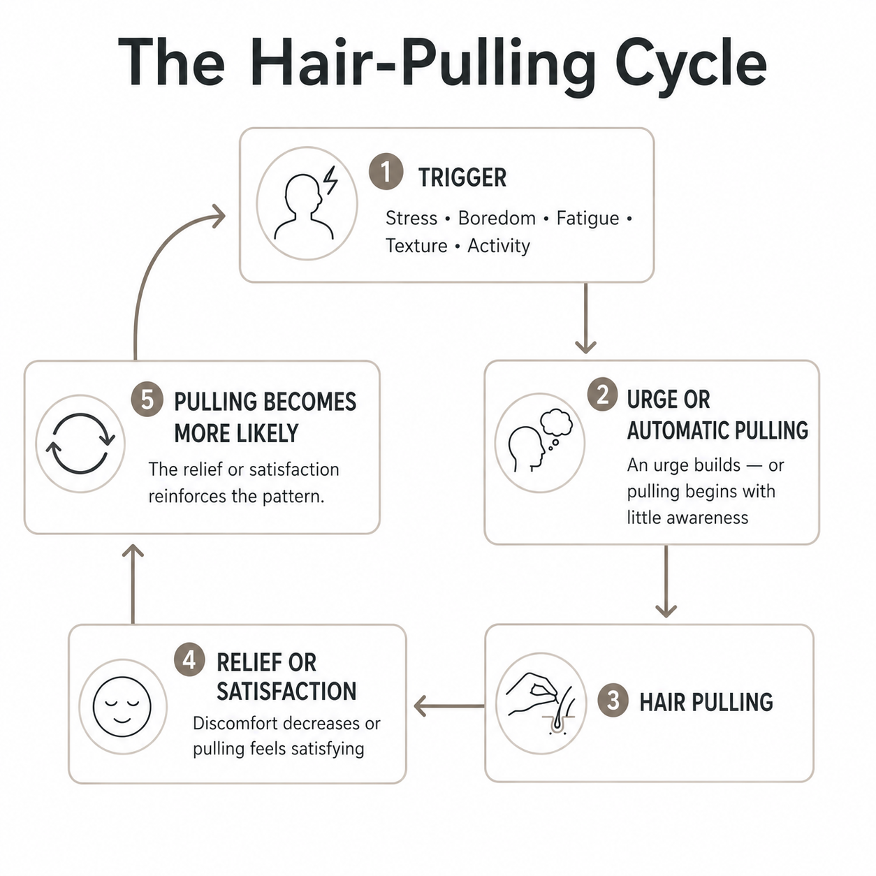 Diagram illustrating the hair-pulling cycle in trichotillomania, showing how triggers can lead to pulling, relief or satisfaction, and increased likelihood of future pulling.