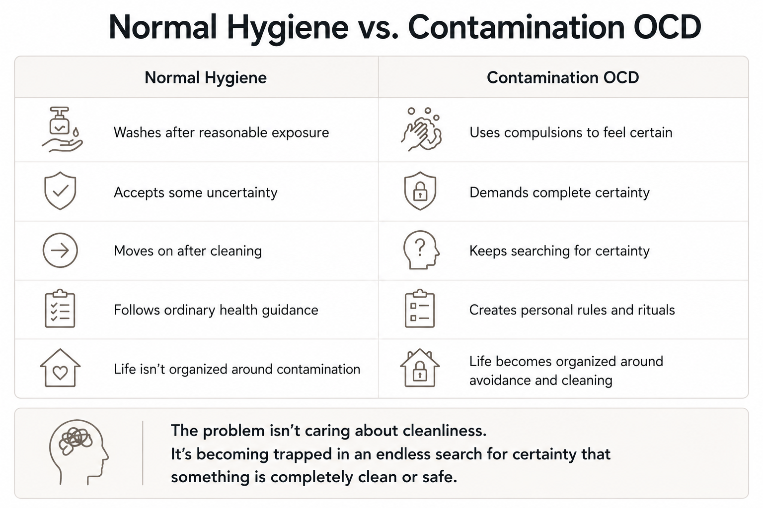 Comparison chart showing differences between normal hygiene and Contamination OCD, emphasizing that OCD is driven by the need for complete certainty rather than ordinary cleanliness.