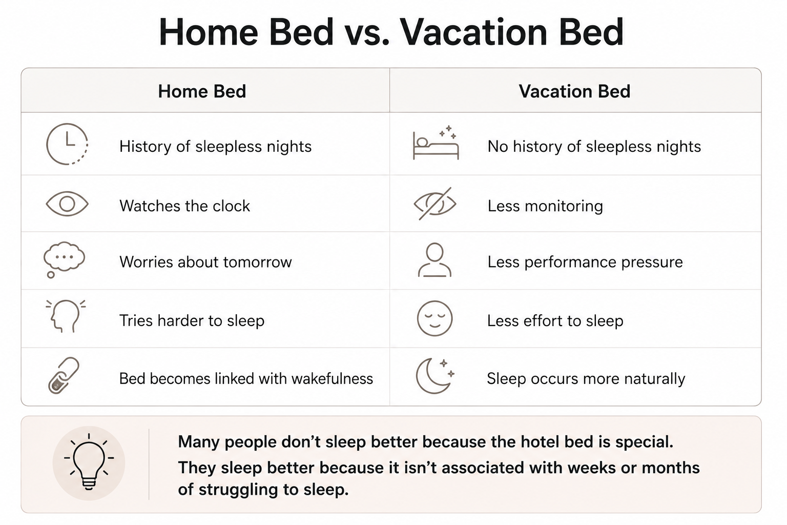 Comparison showing how chronic insomnia can make the home bed associated with wakefulness, while a vacation bed often involves less monitoring, less pressure, and more natural sleep.