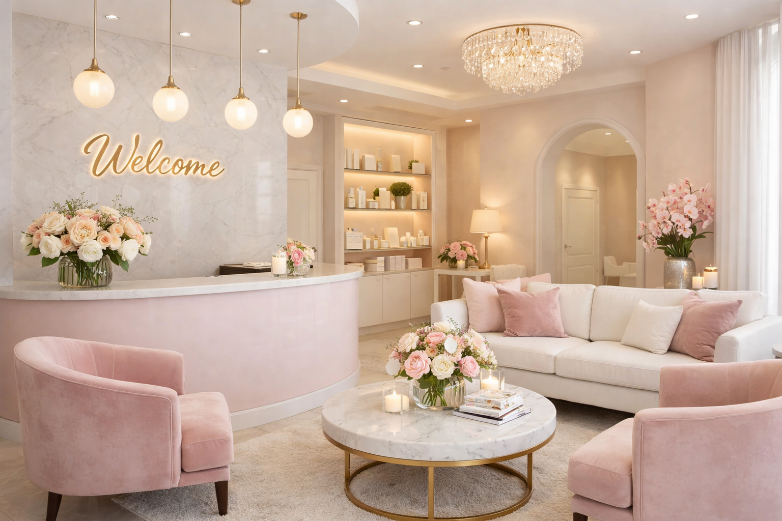 Salon d'accueil élégant avec canapé blanc, fauteuils roses, tables en marbre, fleurs, bougies, éclairage chaleureux, décoration florale et enseigne 'Welcome'