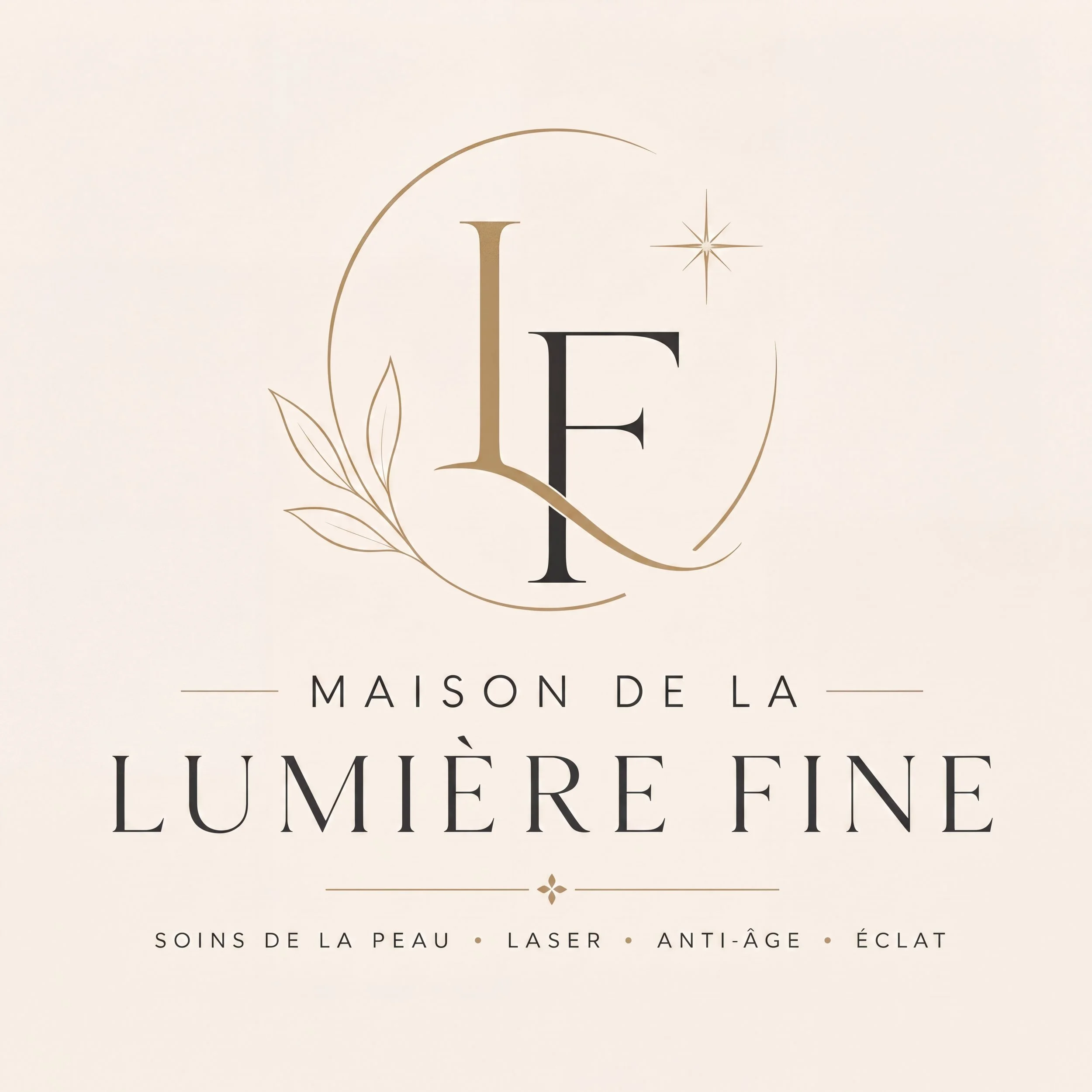 Une affiche promotionnelle en beige clair avec un logo élégant de la maison de luxe de la peau, laser, anti-âge, éclat, écrit en noir et doré. Texte indiquant des soins de la peau et des traitements esthétiques, avec une décoration florale simple.
