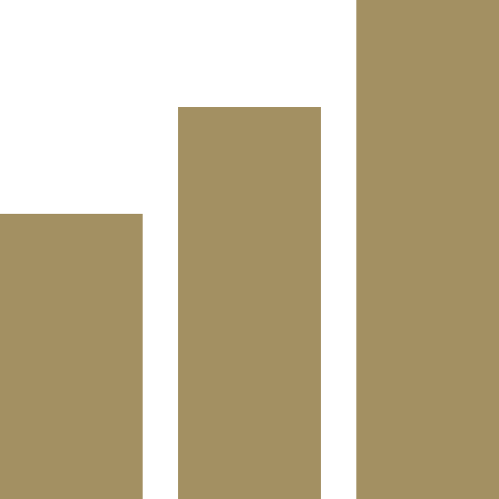 Bar chart with three vertical bars in gold on a black background.