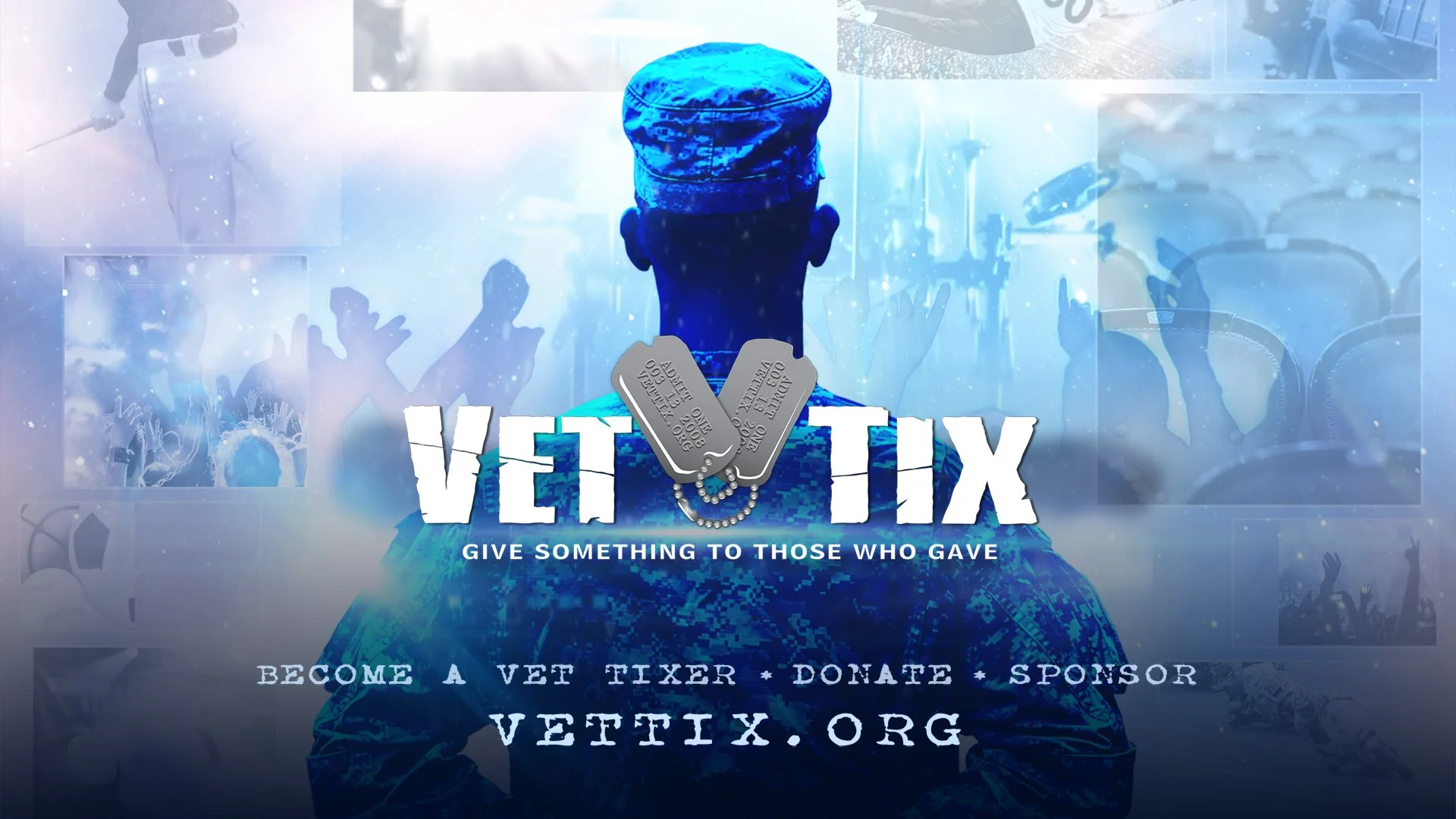 A soldier in camouflage uniform and military cap, viewed from behind, with digital and patriotic graphics in the background. Overlaid text promotes Vet Tix, encouraging viewers to give back to veterans by becoming a Vet Tix supporter, donating, or sponsoring at vettix.org.