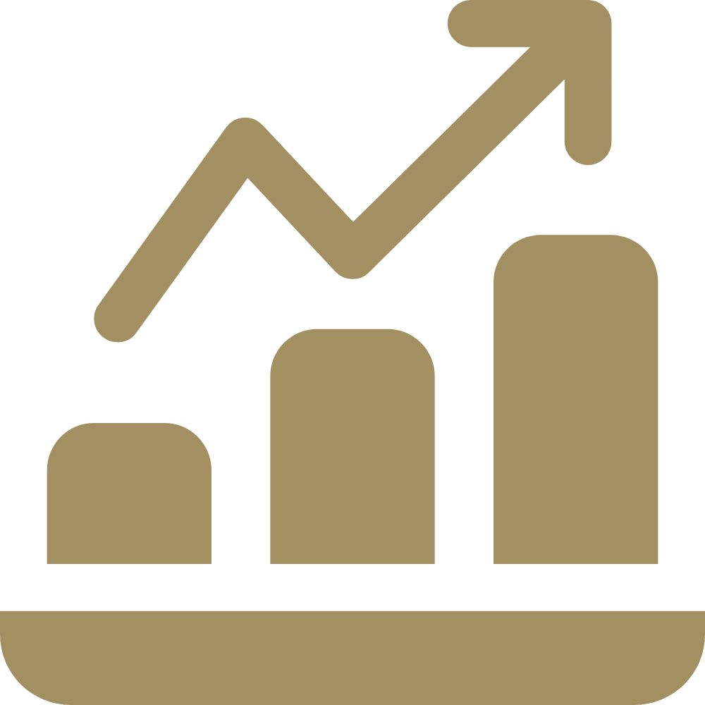 Gold-colored icon of a bar chart with an upward trending arrow.