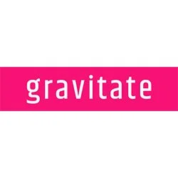 Pink and white logo with the word 'gravitate' in lowercase letters.