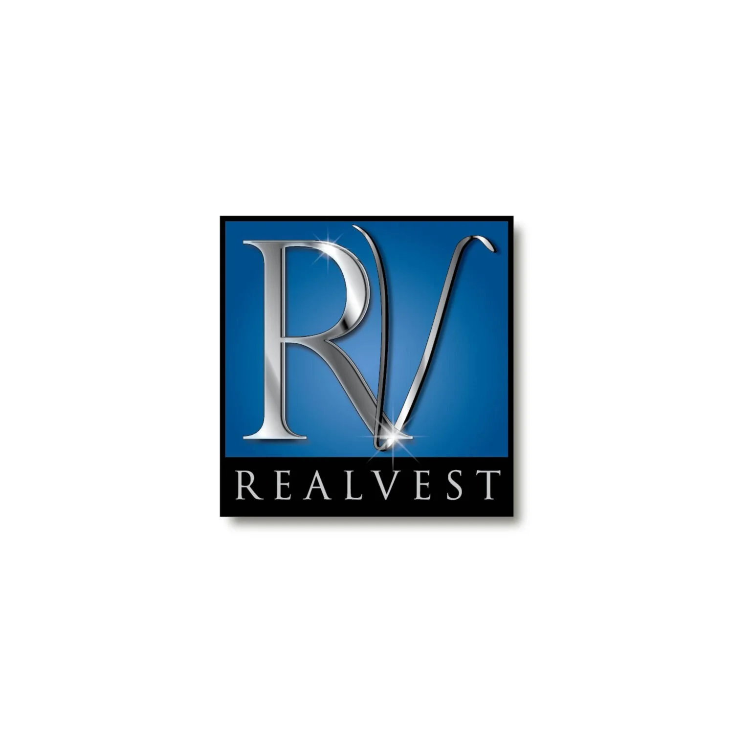 Logo with blue background, silver text R V, and black border, with the word REA L VEST at the bottom.