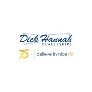 Logo for Dick Hannah Dealerships with a 75th anniversary message and the slogan 'believe in nice'