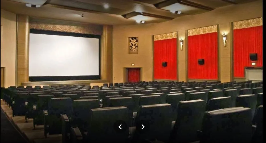 Empty movie theater with rows of black seats, a large screen at the front, and red curtains on the side walls.