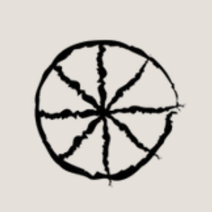 Geometric drawing of an outline square with sections divided by vertical, horizontal, and circle lines.