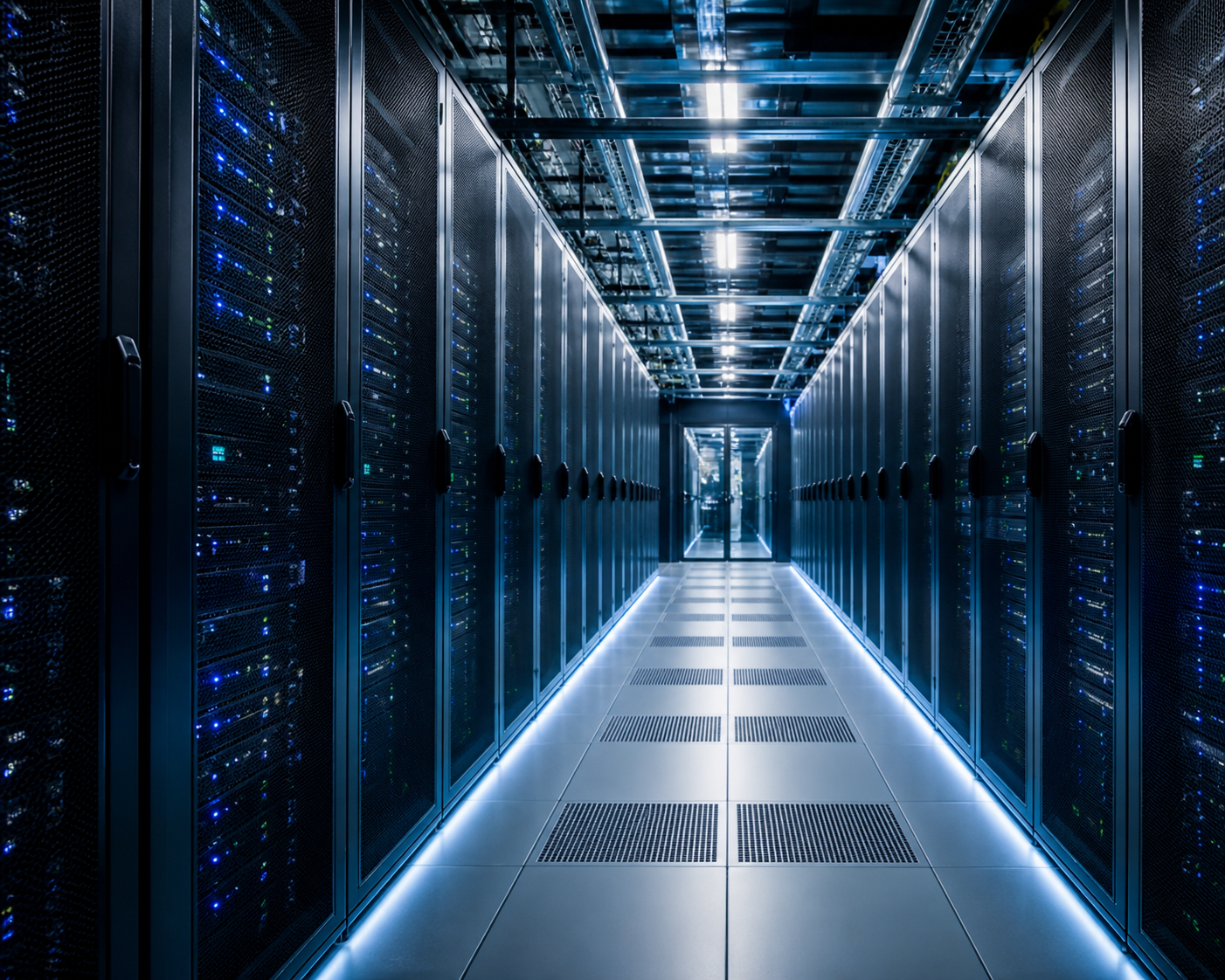 A modern data center hallway with server racks on both sides, illuminated by blue and white LED lights, with a metal grid floor and ceiling.