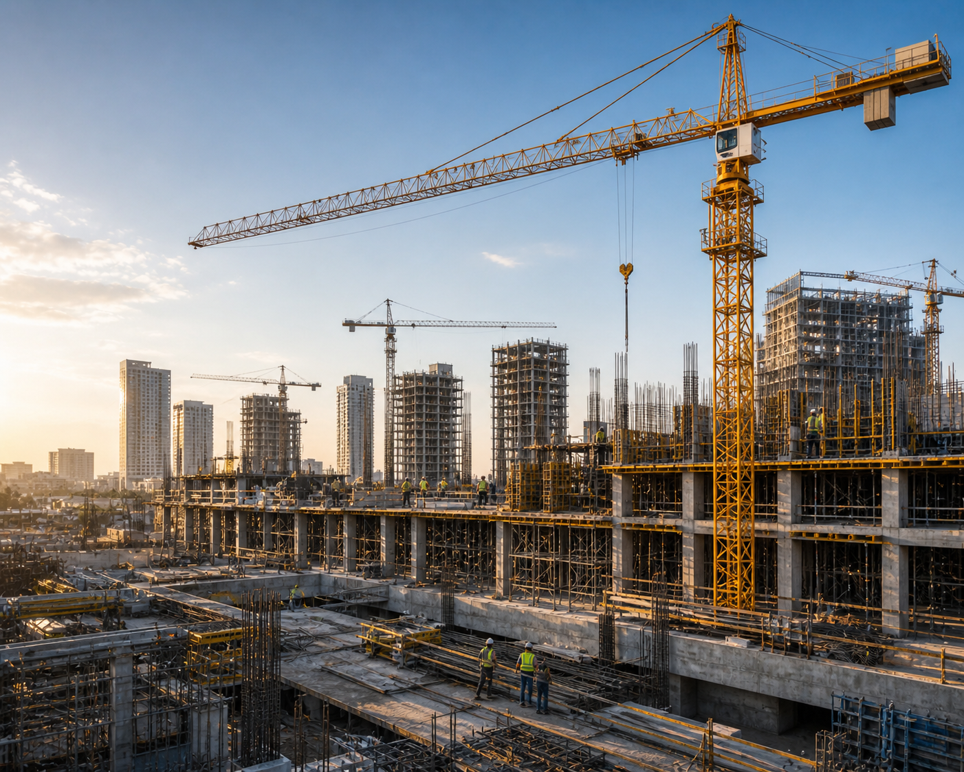 Construction site with multiple cranes and partially built high-rise buildings during sunset.