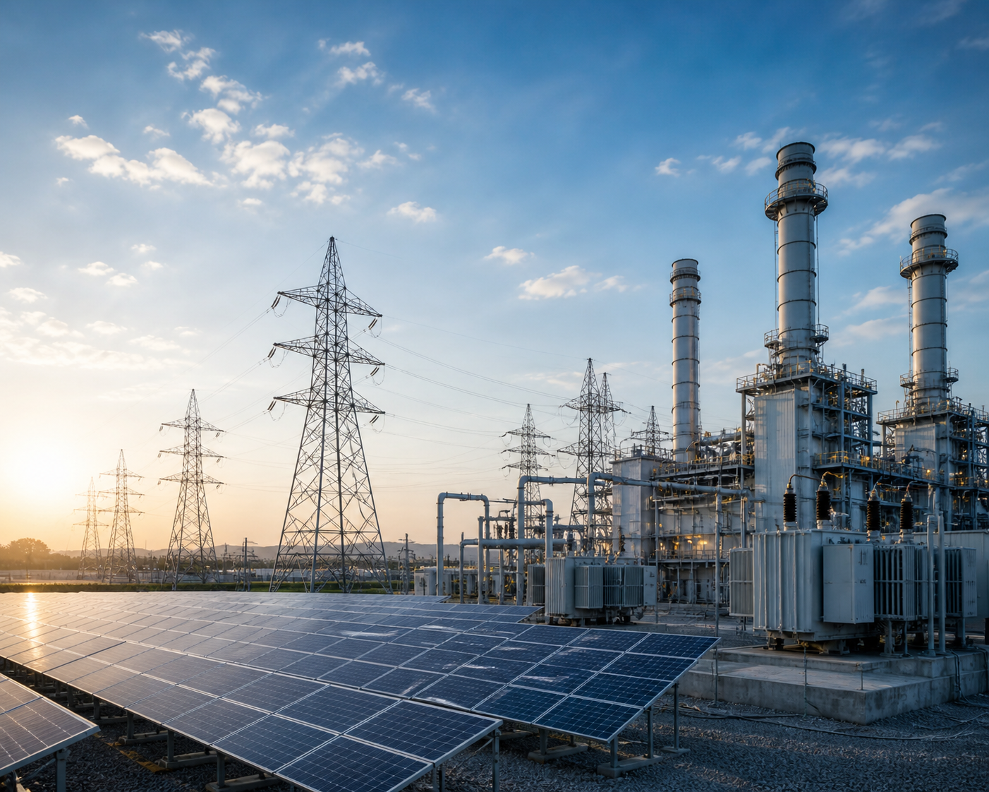 Powerlines and solar panels at an industrial facility during sunset.