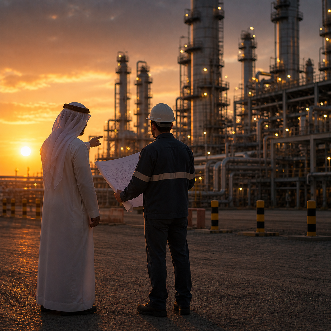 Two men, one in traditional Middle Eastern attire and the other in industrial work gear, discussing blueprints at an oil refinery during sunset.