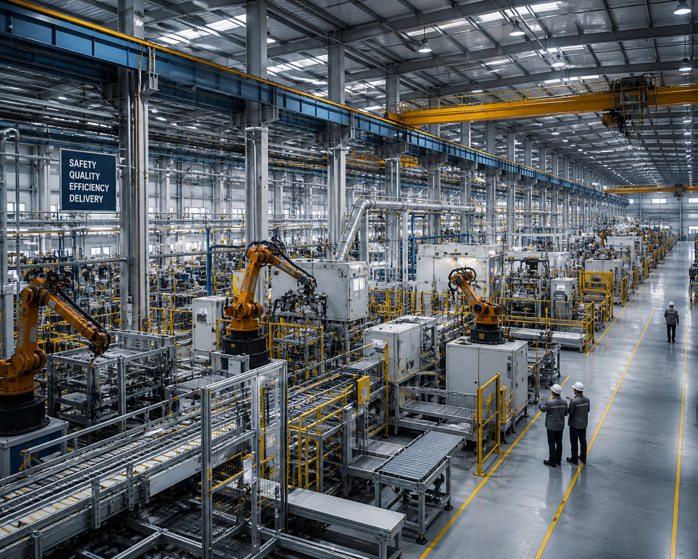 Inside a modern manufacturing factory with robotic arms and conveyor systems, several workers in safety helmets walk and observe the machinery.