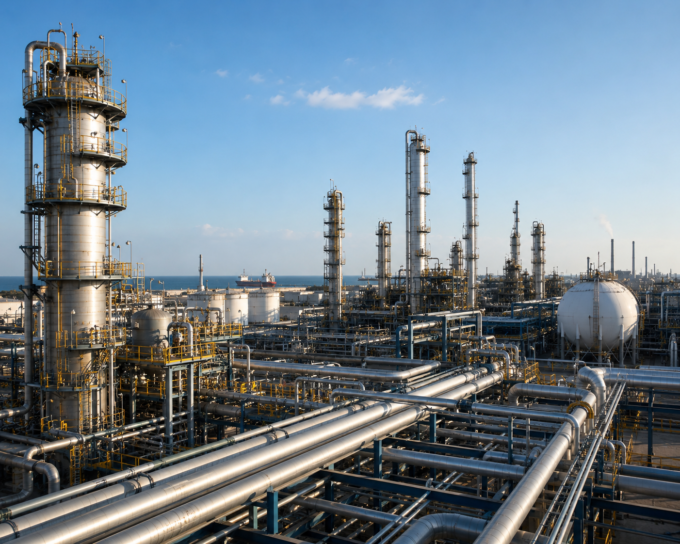 Industrial oil refinery with tall distillation columns and extensive piping, set against the sky near a body of water with ships in the background.