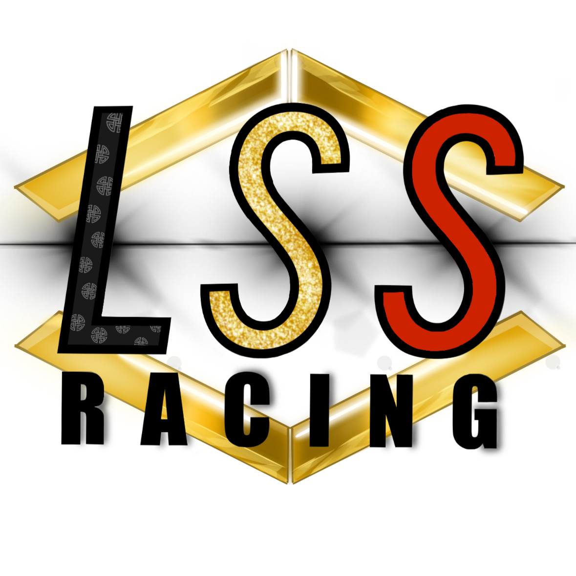 Stylized logo with large gold and red letters 'L S S' and black text 'RACING' beneath, set against a black background with gold accents and a black ribbon on the left.