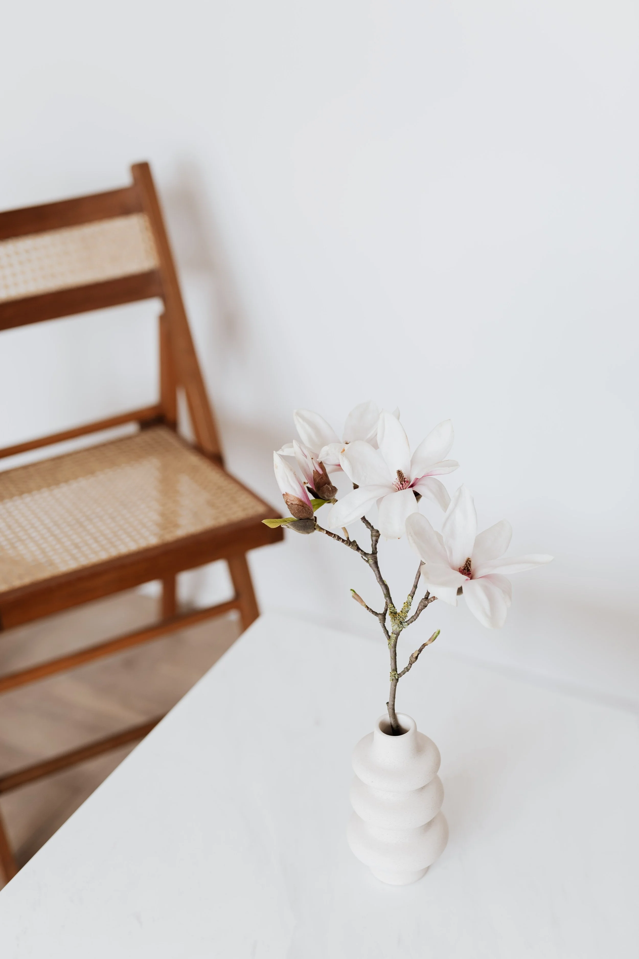A white vase with a narrow opening holding a branch of white magnolia flowers on a white table, with a wooden chair in the background.