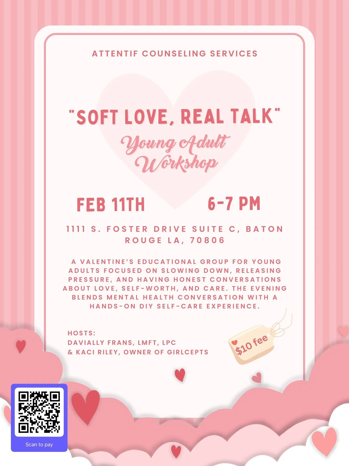 Soft Love, Real Talk 🤍
A Valentine&rsquo;s workshop for ages 18&ndash;28 focused on slowing down, releasing pressure, and having honest conversations about love and self-worth.
Spots are limited to keep the group intimate. Come ready for discussion 