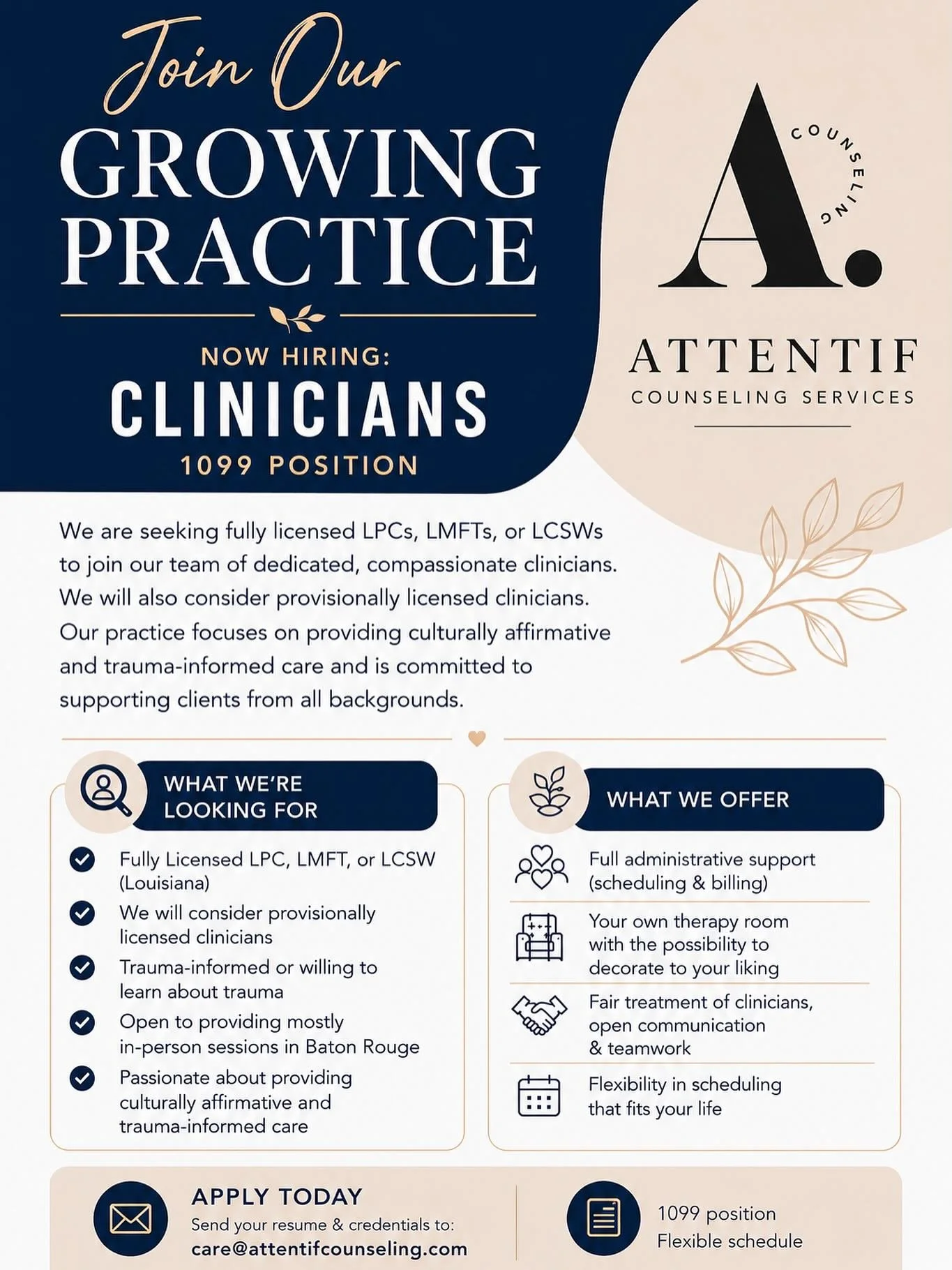 If you are passionate about helping others and want to grow within a supportive practice environment, we would love to connect with you.
Please send your resume and credentials to:
care@attentifcounseling.com