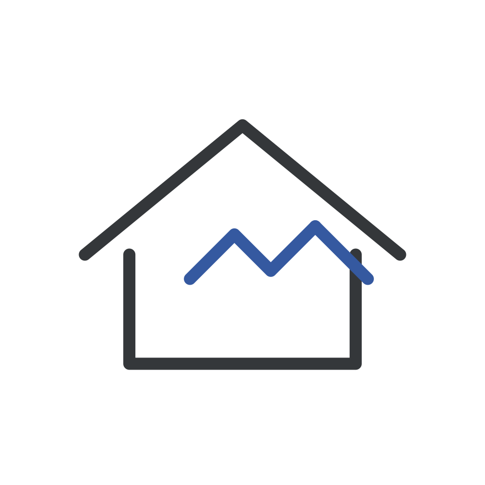 Line graph icon inside house outline, representing real estate trend analysis.