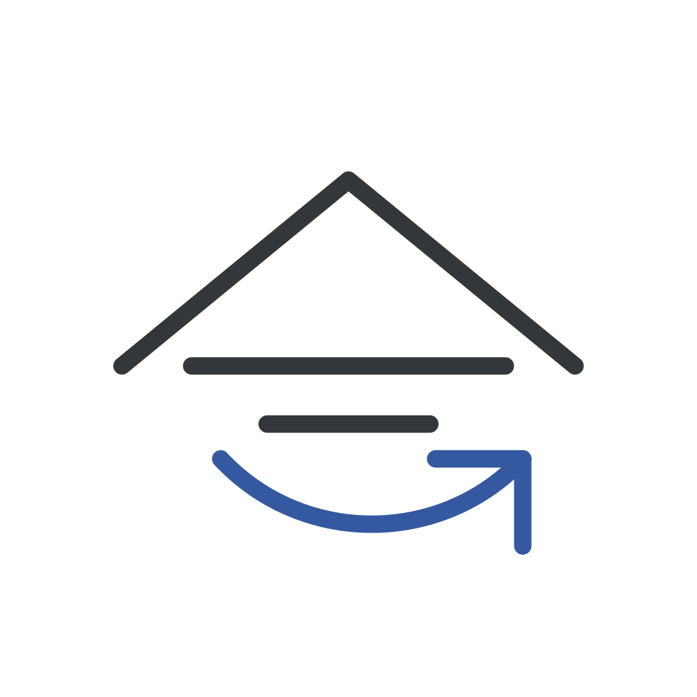 Icon representing a house with a circular arrow and an upward pointing arrow, indicating house relocation or moving.