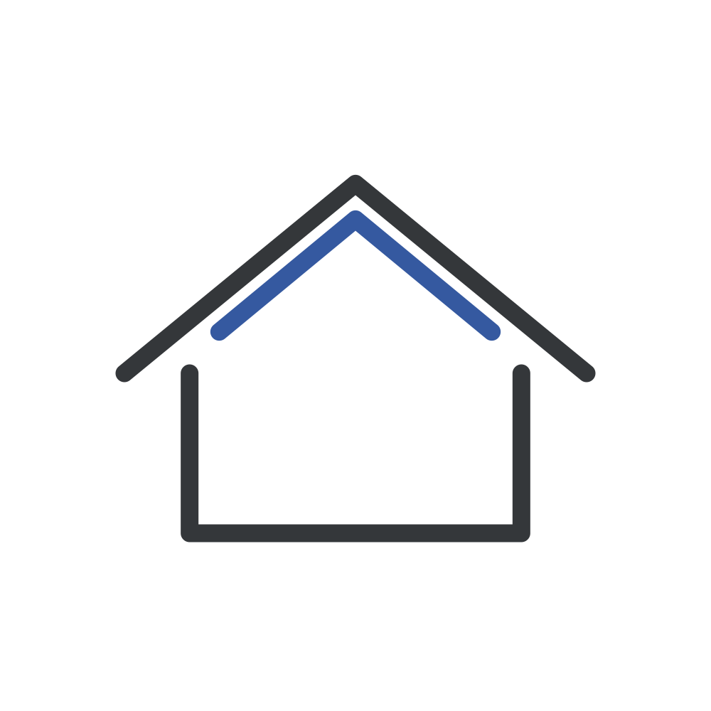 Simple line drawing of a house with a blue roof.