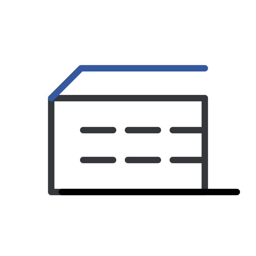 Line drawing of an open box with a blue lid, resembling a storage box or container.