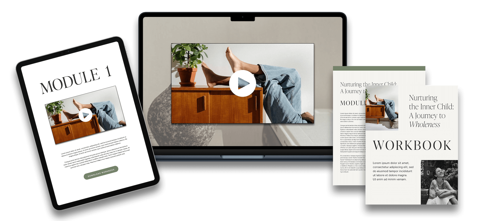 Digital devices and printed materials displaying a course titled 'Nurturing the Inner Child: A Journey to Wholeness,' including a tablet, a laptop, and workbook pages, along with a black-and-white photo of a woman smiling.