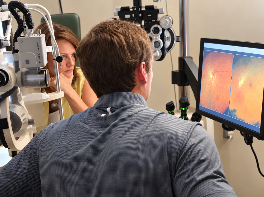 An eye care professional reviewing eye health during an examination