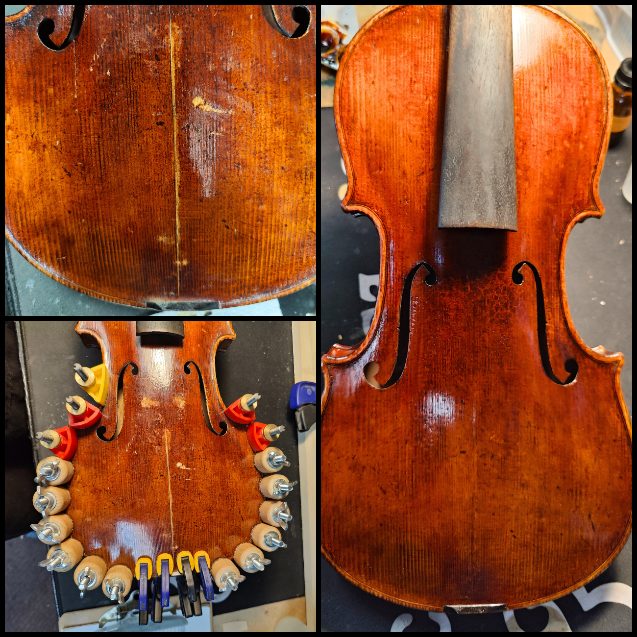 Before-and-after restoration work on a crack in a violin.