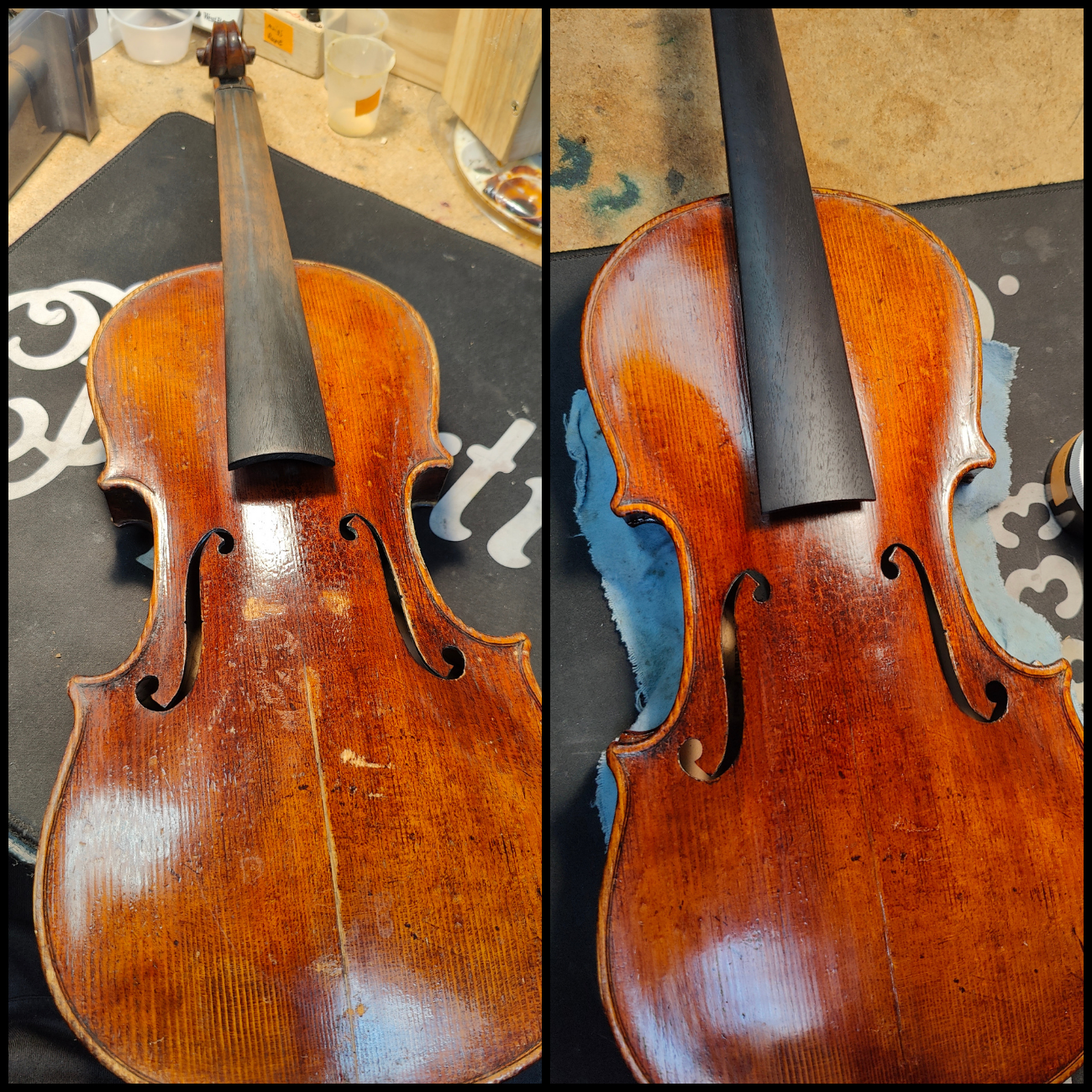 Before-and-after restoration work on a crack in a violin.