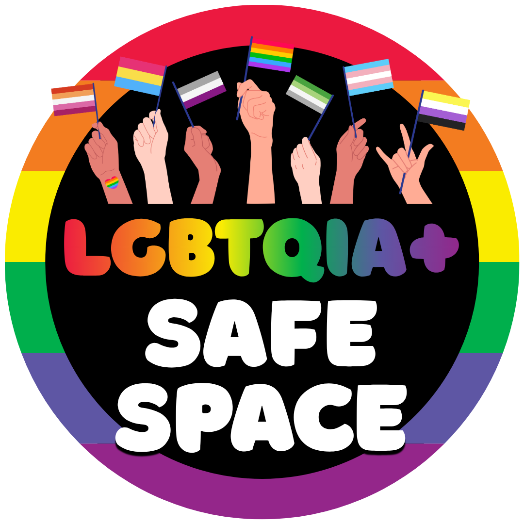 Illustration of several hands holding LGBTQ+ pride flags above the words 'LGBTQIA+ SAFE SPACE' on a black background, surrounded by rainbow-colored borders.