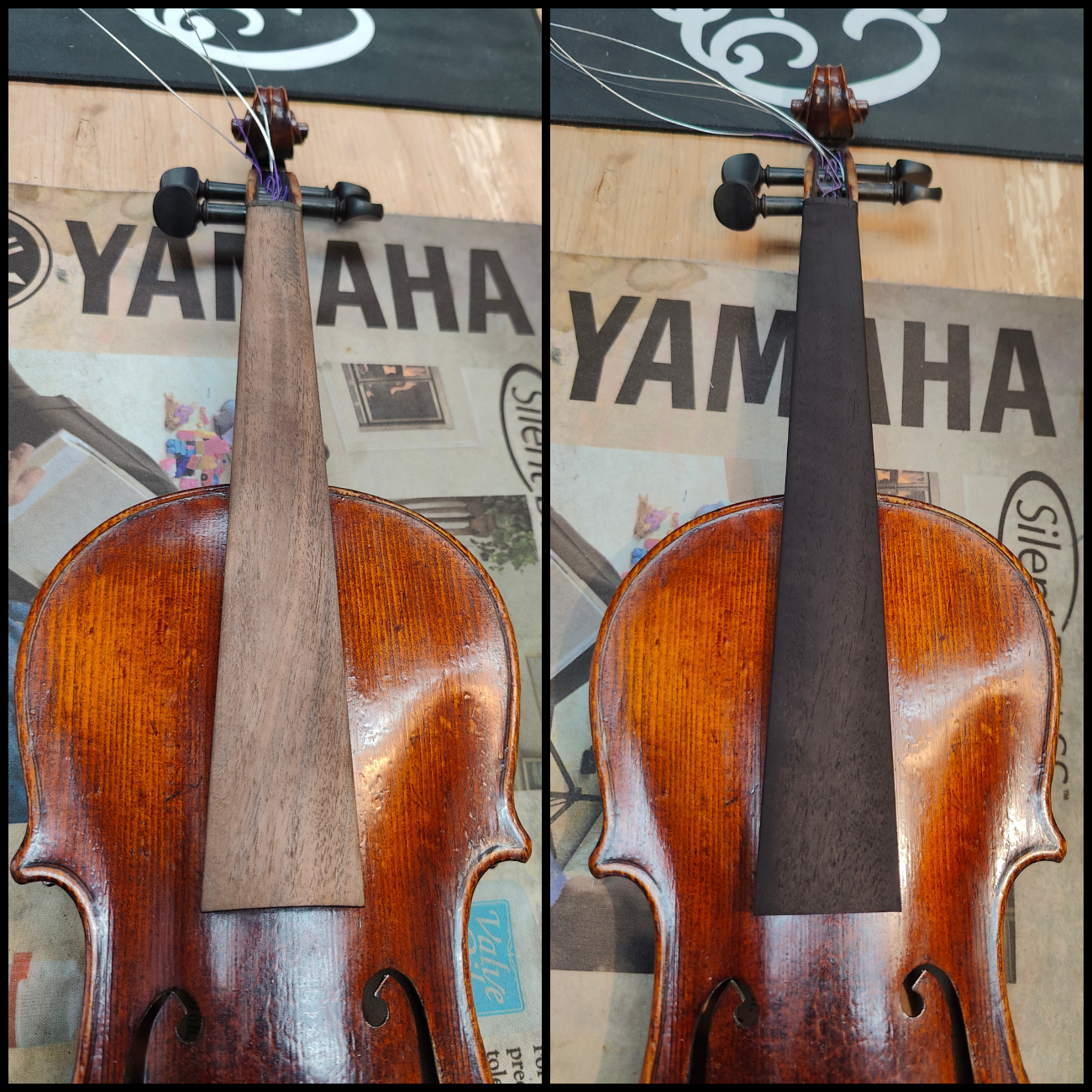 Before-and-after restoration work on the fingerboard of a violin.