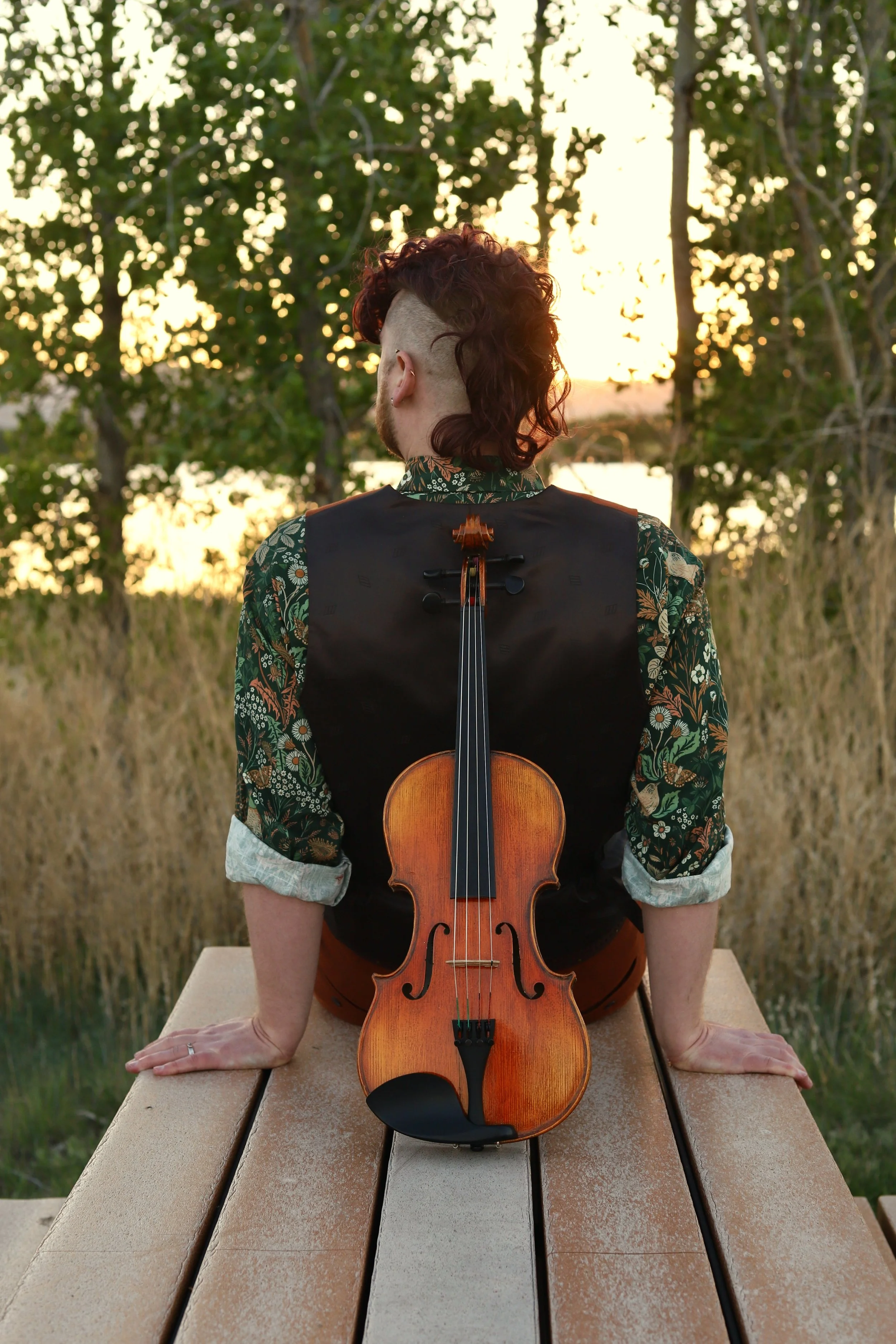 A person with a curly mohawk, wearing a patterned shirt with rolled-up sleeves, sitting on a wooden picnic table with a viola resting against their back, facing away towards a sunset over a body of water surrounded by trees.