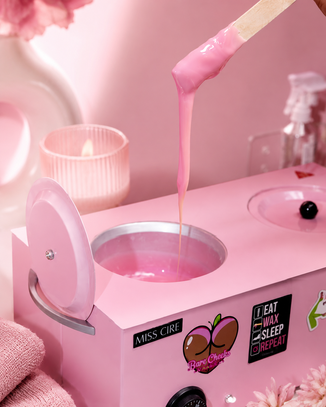 Pink hard wax warmer with melted wax and applicator stick for professional waxing hair removal and smooth skin treatments.