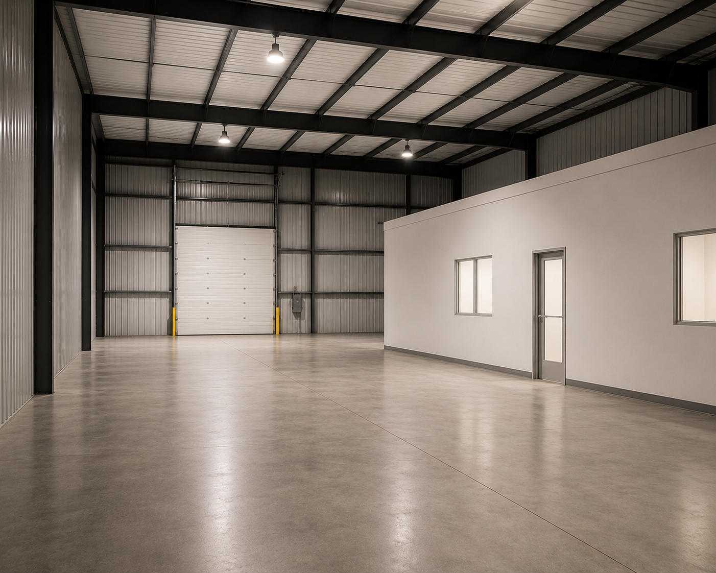 Empty industrial warehouse with concrete floor, gray metal walls, a white office room with windows and door inside the warehouse, and a large closed roll-up door at the back, illuminated by ceiling lights.