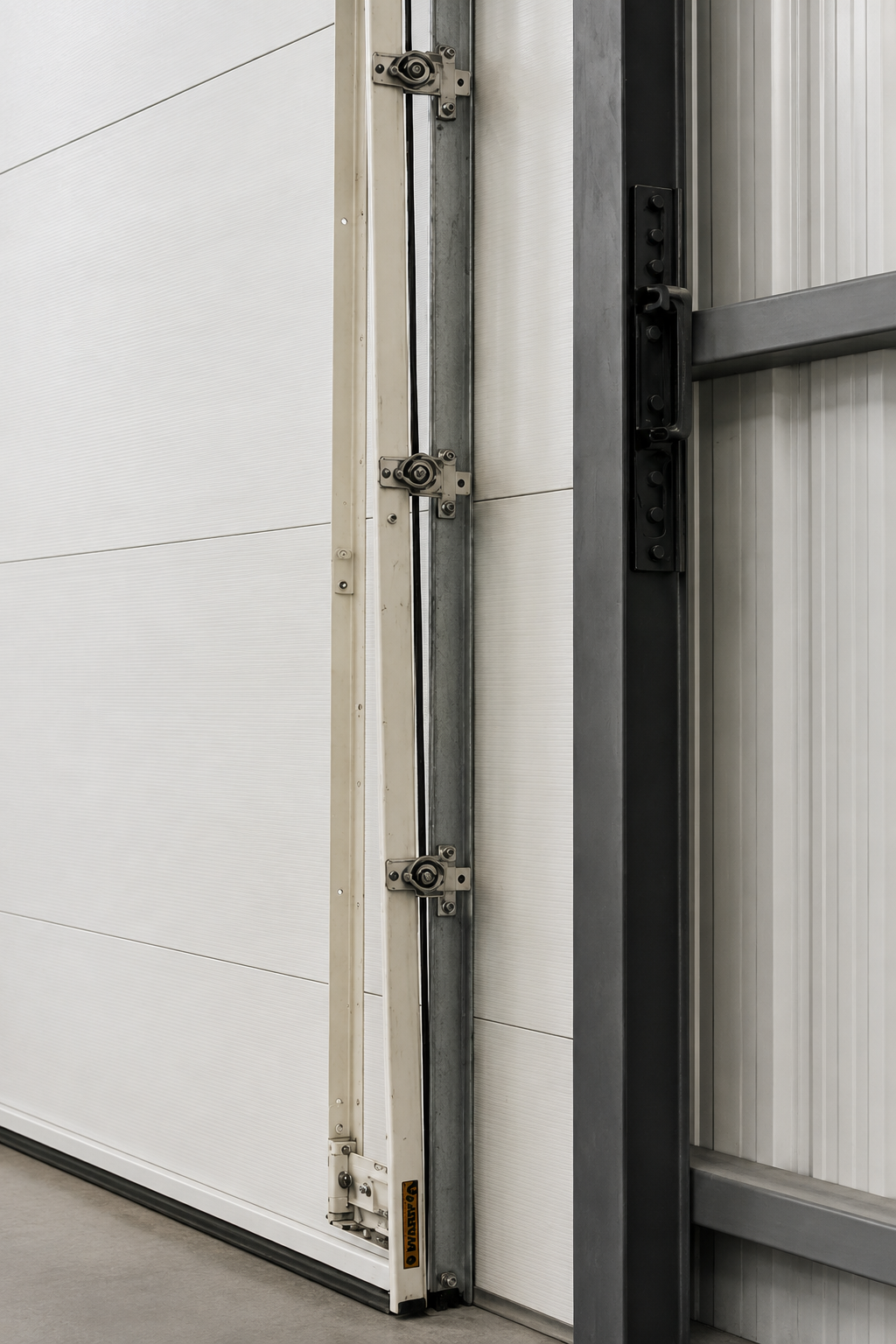 Close-up of a warehouse or industrial door track and roller mechanism.