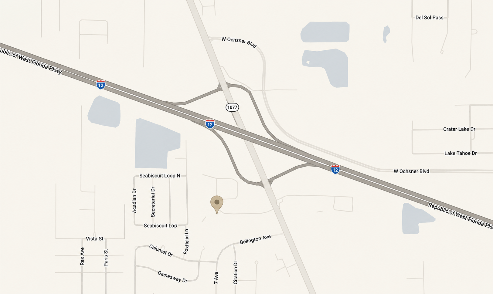 Map showing areas around West Florida Parkway, including Interstate 12, W Ochsner Blvd, Del Sol Pass, Crater Lake Drive, Lake Tahoe Drive, Seabiscuit Loop N, and surrounding streets in Florida.