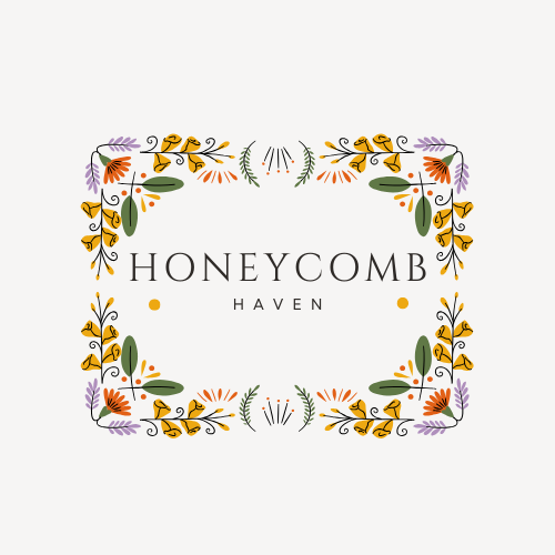 A decorative logo with floral elements surrounding the text 'HONEYCOMB HAVEN' in black font.