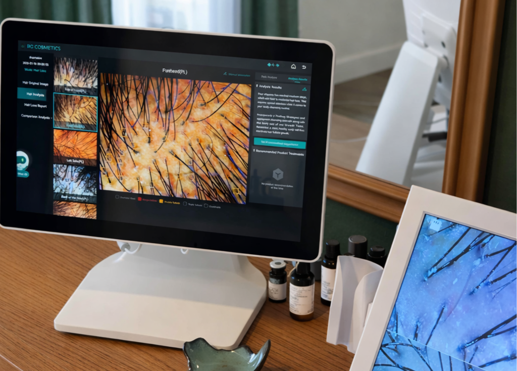 A computer monitor displaying a detailed microscopic image of skin with hair follicles, alongside several small bottles of skincare or cosmetic products on a wooden table. Head spa and scalp microscope education.