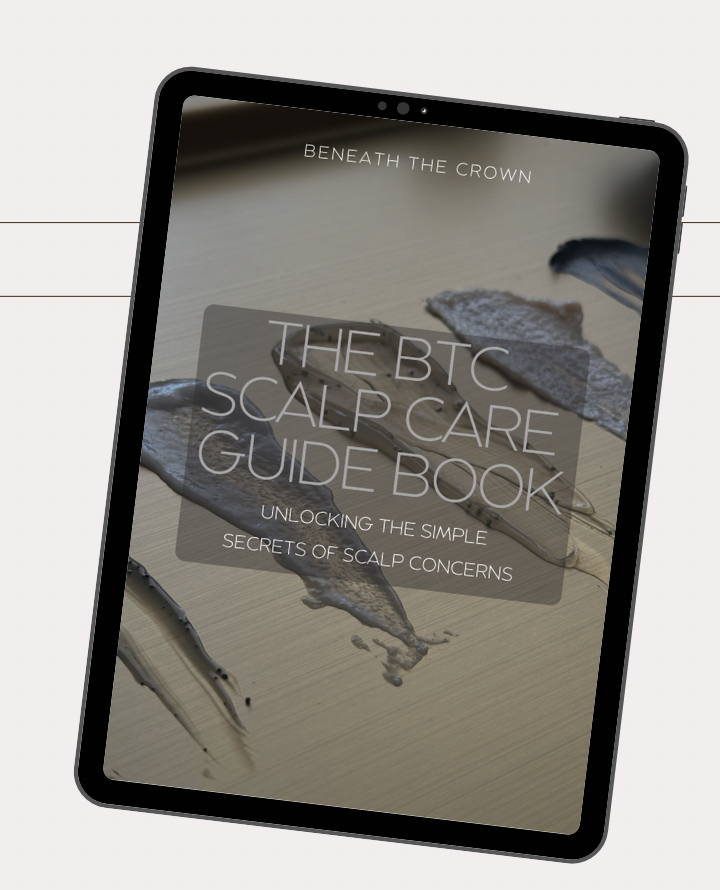 Cover of a digital book titled "The BTC Scalp Care Guide Book" with a subtitle "Unlocking the Simple Secrets of Scalp Concerns" displayed on a tablet screen. This book is about scalp concerns and head spa treatment education.