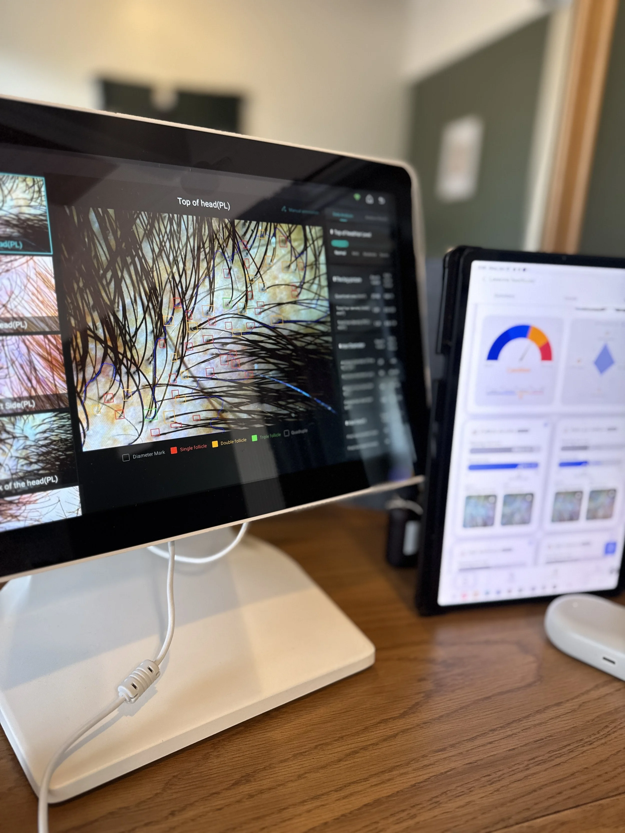 Computer monitor displaying a scientific diagram with colored lines and boxes, positioned on a white stand with a white cable, on a wooden desk. Head spa and scalp health training.
